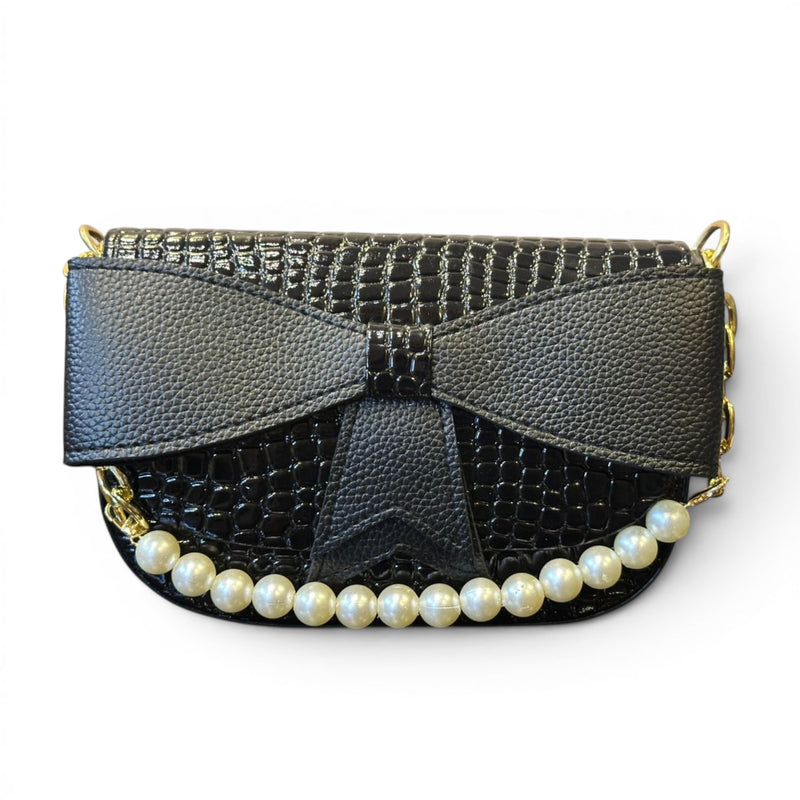 Amoraa Pearl Bow Crossbody Bag – Midnight Noir